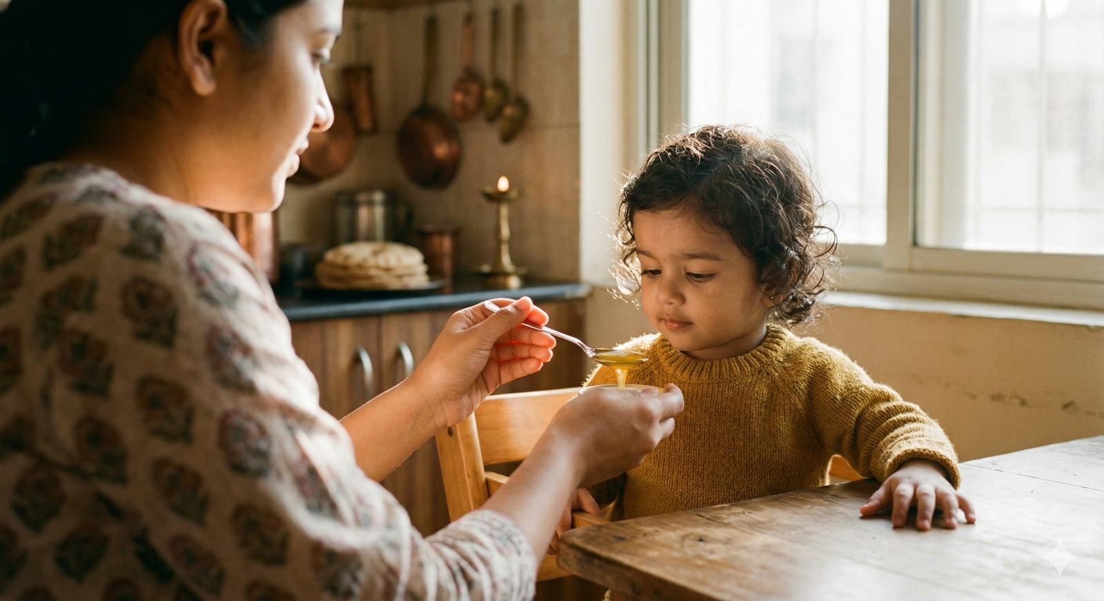 Parent administering Swarnaprashan to child