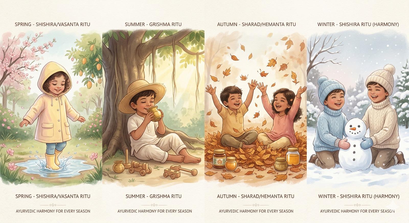 Children playing in different seasons
